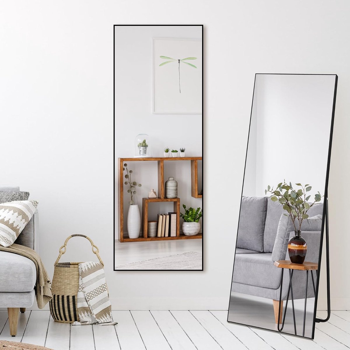Wandspiegel 140 x 51 cm, staande spiegel met zwart frame