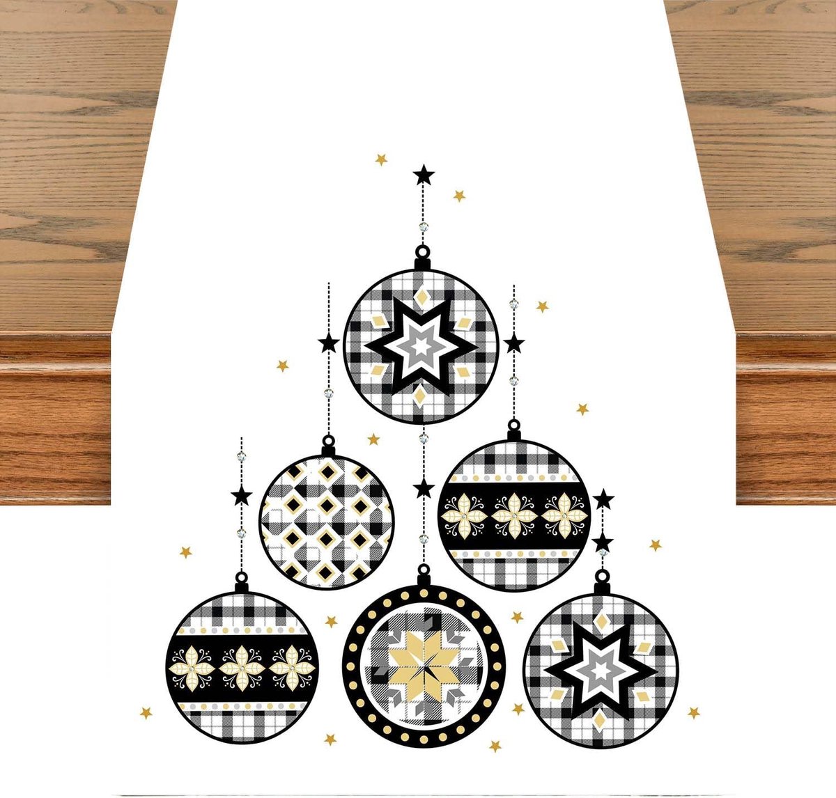 khevga Tafelloper wit 140 x 40 cm kerstballen geborduurd