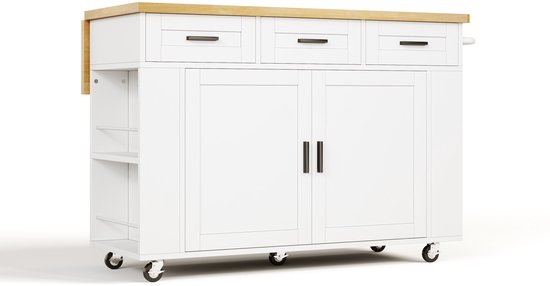 MIVRAY Keuken Eilandwagen Met Klapbaar Werkblad En Veel Opbergruimte Voor Keuken En Eetruimte MDF Natural White 120x70x84 Cm van Borvat — afbeelding 4