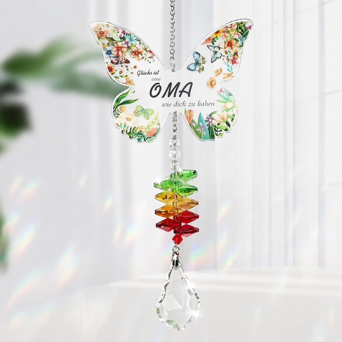 Zonnevanger Vlinder, Geschenk für Oma,Groen | Acryl Kristal Zonnevanger met vlinder, personaliseerbaar cadeau voor oma, verjaardag Kerst Pasen, raamdecoratie