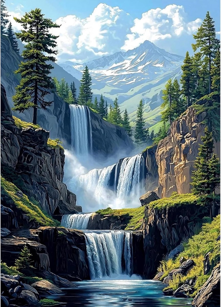 5D diamantschilderij voor volwassenen, waterval, complete set, vallei