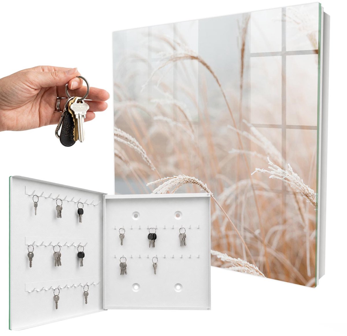 WallMuralia - Sleutelkast - 30x30x5 cm - met 50 haken - Herfstkolven Maïs Sleutelkastje Gang - Beige Sleutelbox - Linksopenend - Wit interieur