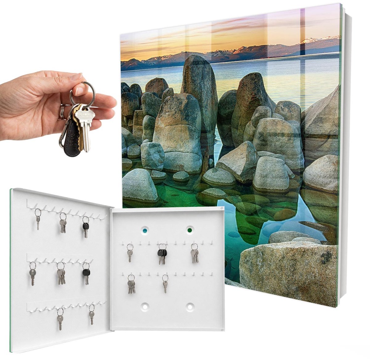 WallMuralia - Sleutelkast - 30x30x5 cm - met 50 haken - Bergvrede Sleutelkastje Hal - Groente Sleutelbox - Linksopenend - Wit interieur