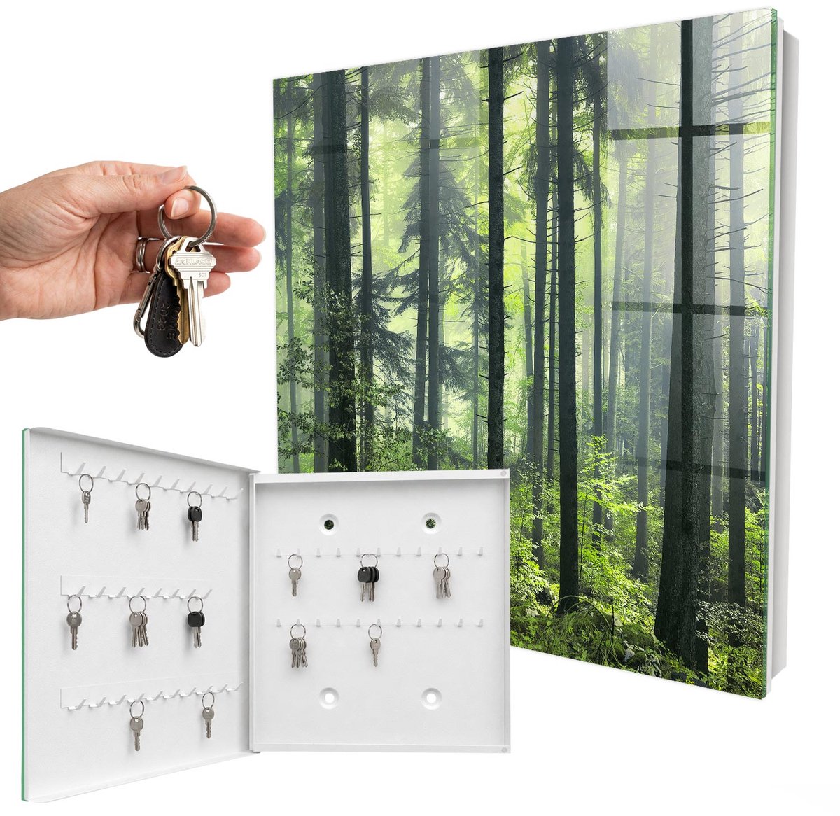 WallMuralia - Sleutelkast - 30x30x5 cm - met 50 haken - Groen Bos Groot Sleutelkastje - Groente Sleutelbox - Linksopenend - Wit interieur
