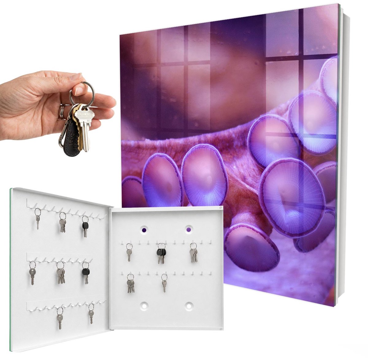 WallMuralia - Sleutelkast - 30x30x5 cm - met 50 haken - Harmonie Onder Water Sleutelkastje Design - Paars Sleutelbox - Linksopenend - Wit interieur