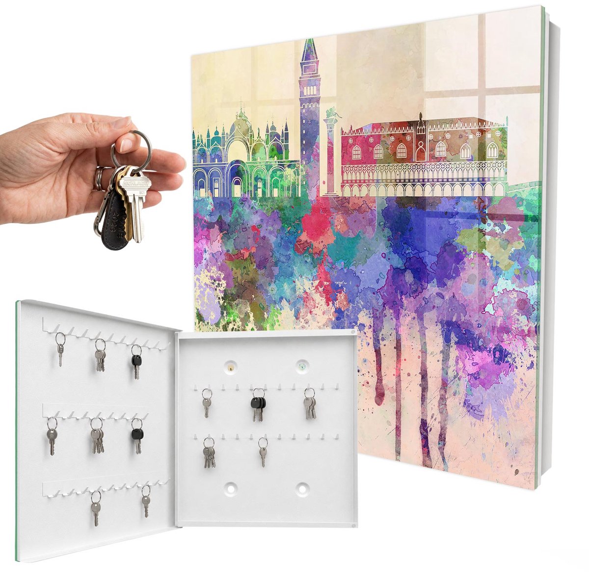 WallMuralia - Sleutelkast - 30x30x5 cm - met 50 haken - Stedelijke Aquarel Sleutelkastje Design - Paars Sleutelbox - Linksopenend - Wit interieur
