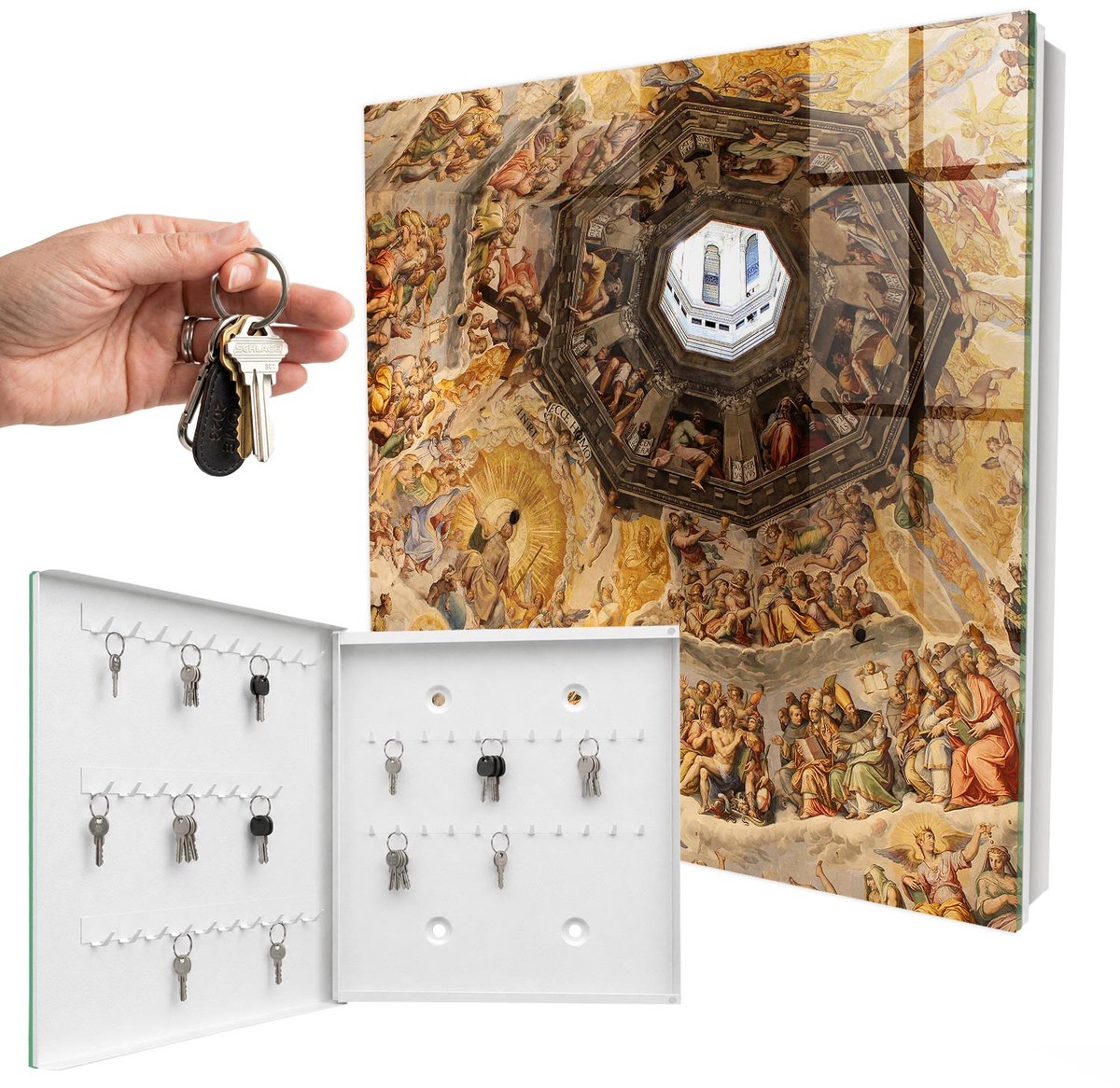 WallMuralia - Sleutelkast - 30x30x5 cm - met 50 haken - Religieuze Fresco'S Sleutelkastje Landelijk - Geel Sleutelbox - Linksopenend - Wit interieur
