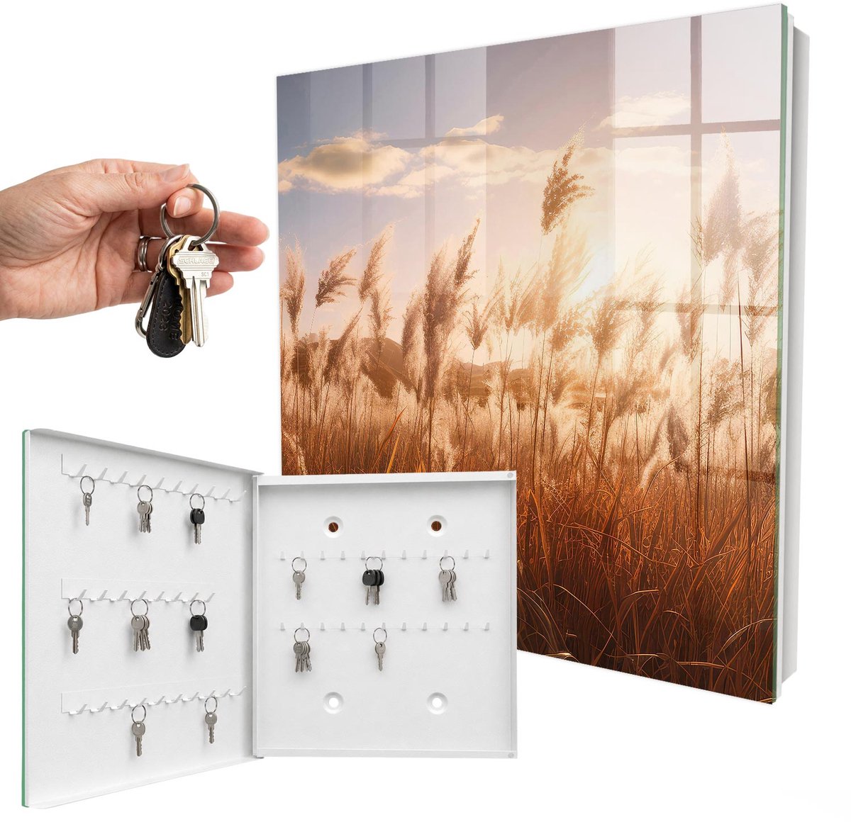 WallMuralia - Sleutelkast - 30x30x5 cm - met 50 haken - Zonsondergang Boven Het Gras Sleutelkastje Binnen - Oranje Sleutelbox - Linksopenend - Wit interieur