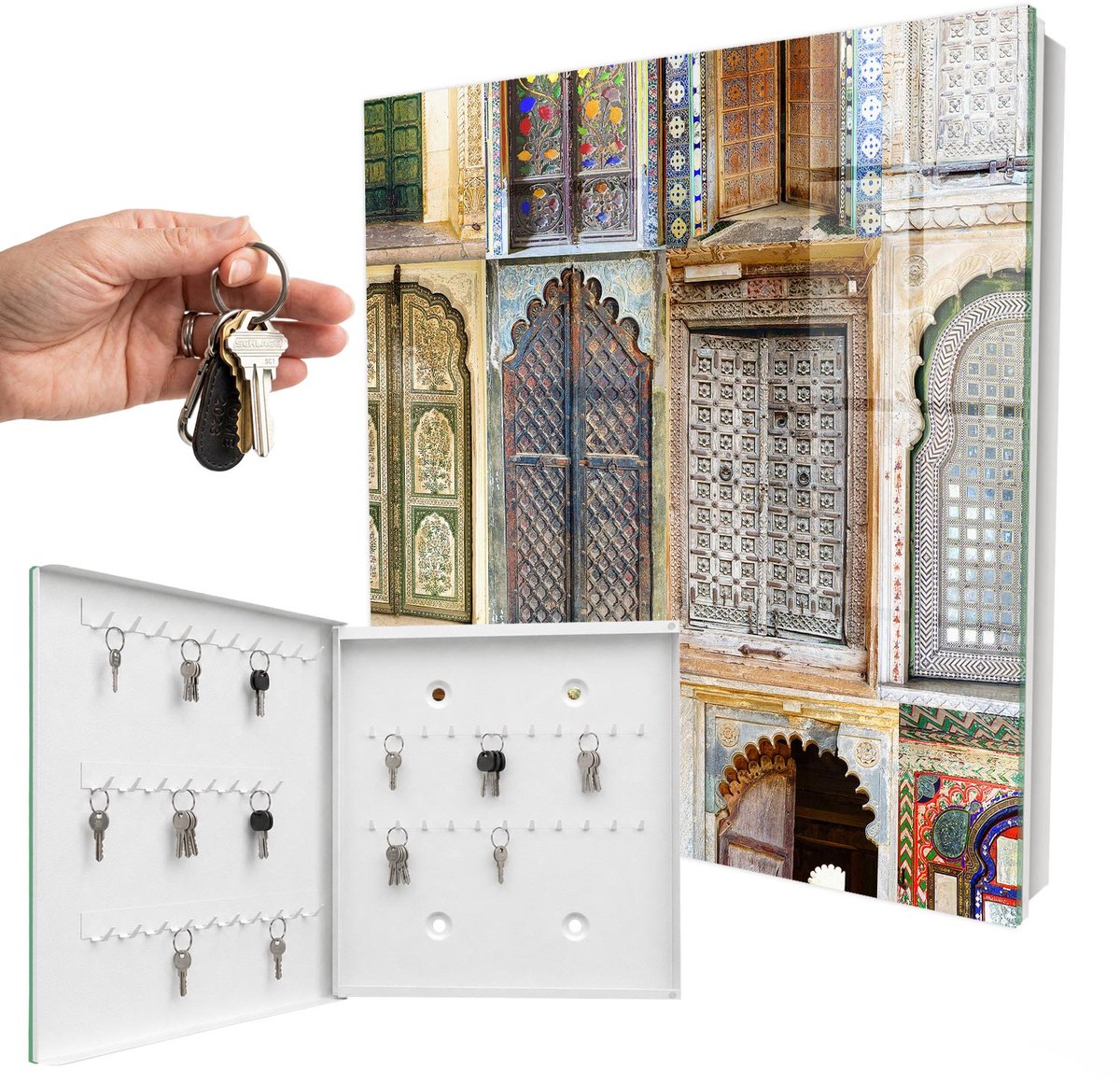 WallMuralia - Sleutelkast - 30x30x5 cm - met 50 haken - Kleurrijke Ramen Sleutelkastje Industrieel - Geel Sleutelbox - Linksopenend - Wit interieur