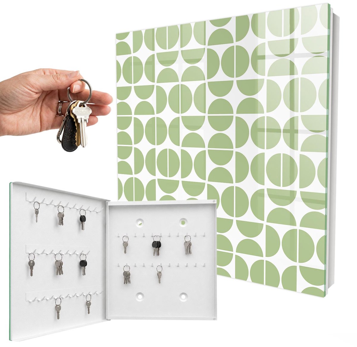 WallMuralia - Sleutelkast - 30x30x5 cm - met 50 haken - Groene Geometrie Sleutelkastje Gang - Groente Sleutelbox - Linksopenend - Wit interieur