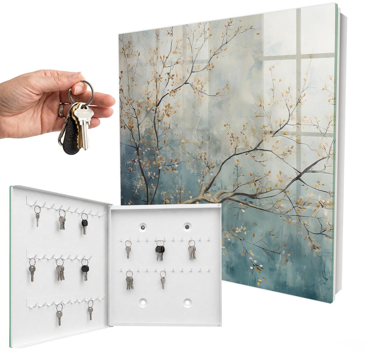WallMuralia - Sleutelkast - 30x30x5 cm - met 50 haken - Ontspanning In De Natuur Sleutelkastje Klein - Blauw Sleutelbox - Linksopenend - Wit interieur