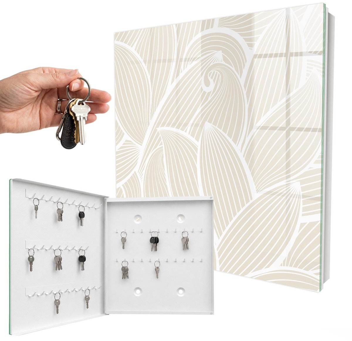WallMuralia - Sleutelkast - 30x30x5 cm - met 50 haken - Organisch Patroon Sleutelkastje Industrieel - Beige Sleutelbox - Linksopenend - Wit interieur