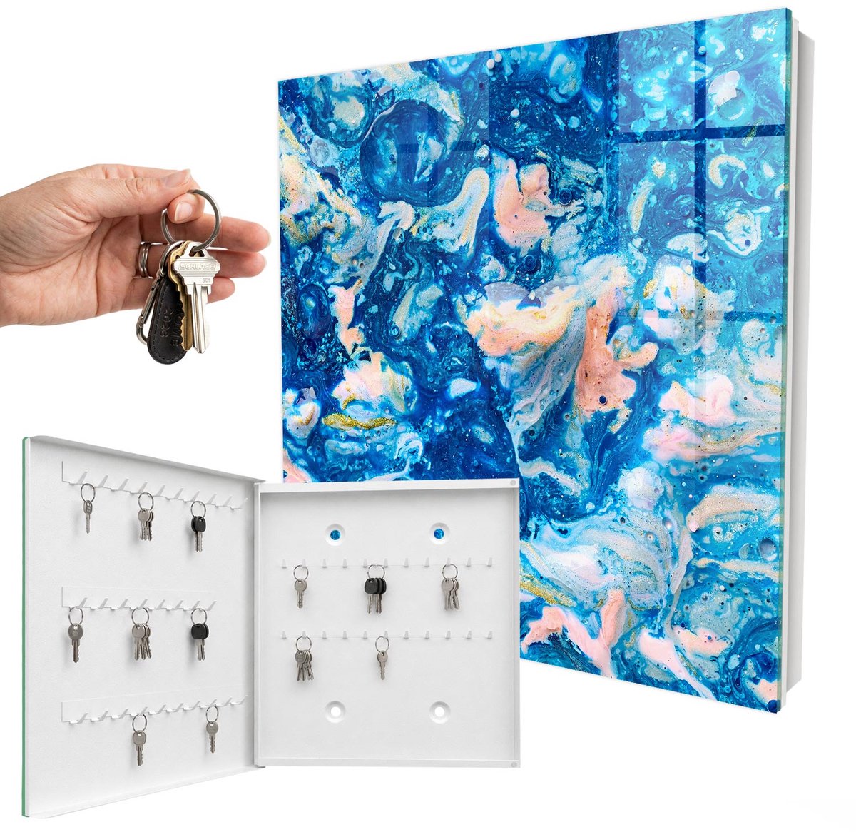 WallMuralia - Sleutelkast - 30x30x5 cm - met 50 haken - Kleurrijke Wervelingen Sleutelkastje Huis - Blauw Sleutelbox - Linksopenend - Wit interieur