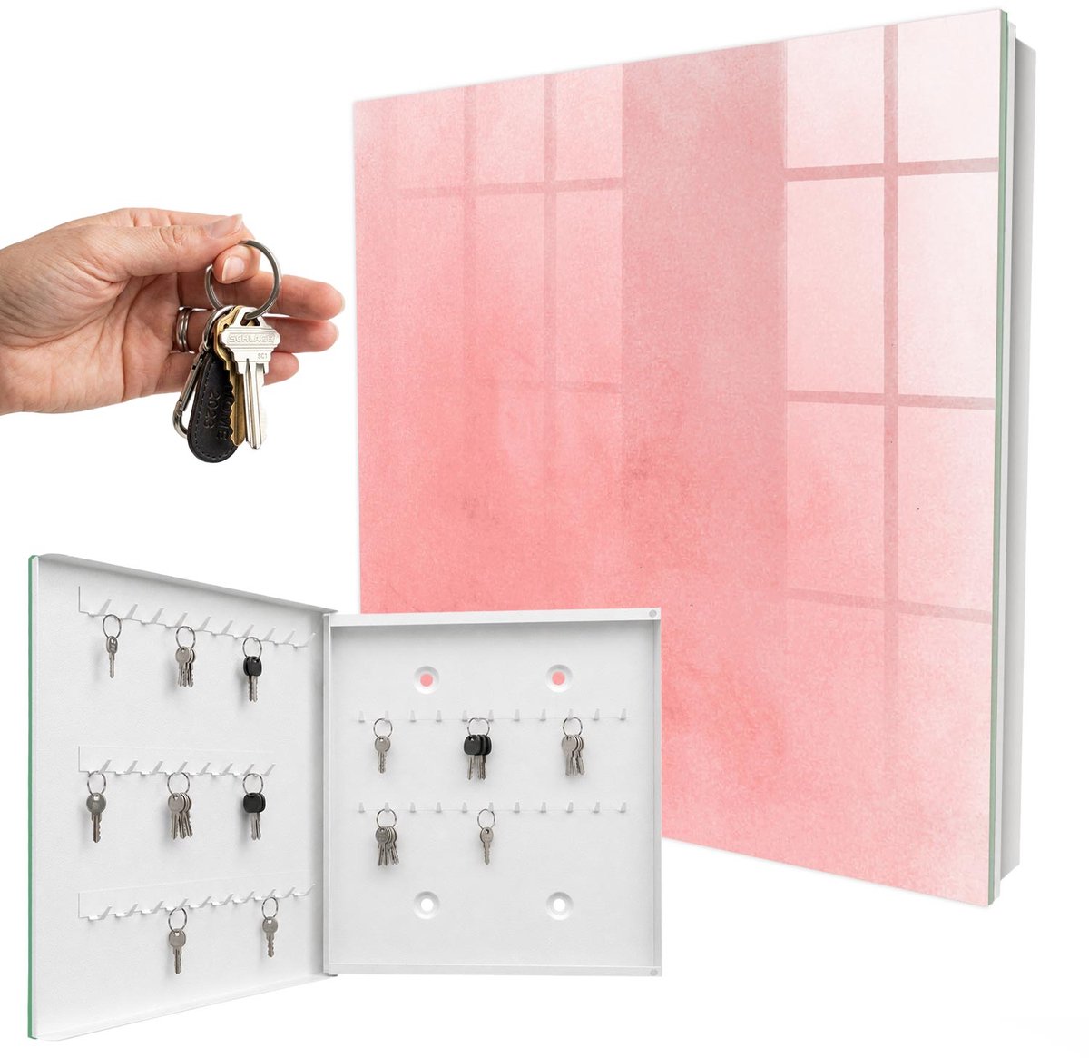 WallMuralia - Sleutelkast - 30x30x5 cm - met 50 haken - Roze Achtergrond Sleutelkastje Design - Roze Sleutelbox - Linksopenend - Wit interieur