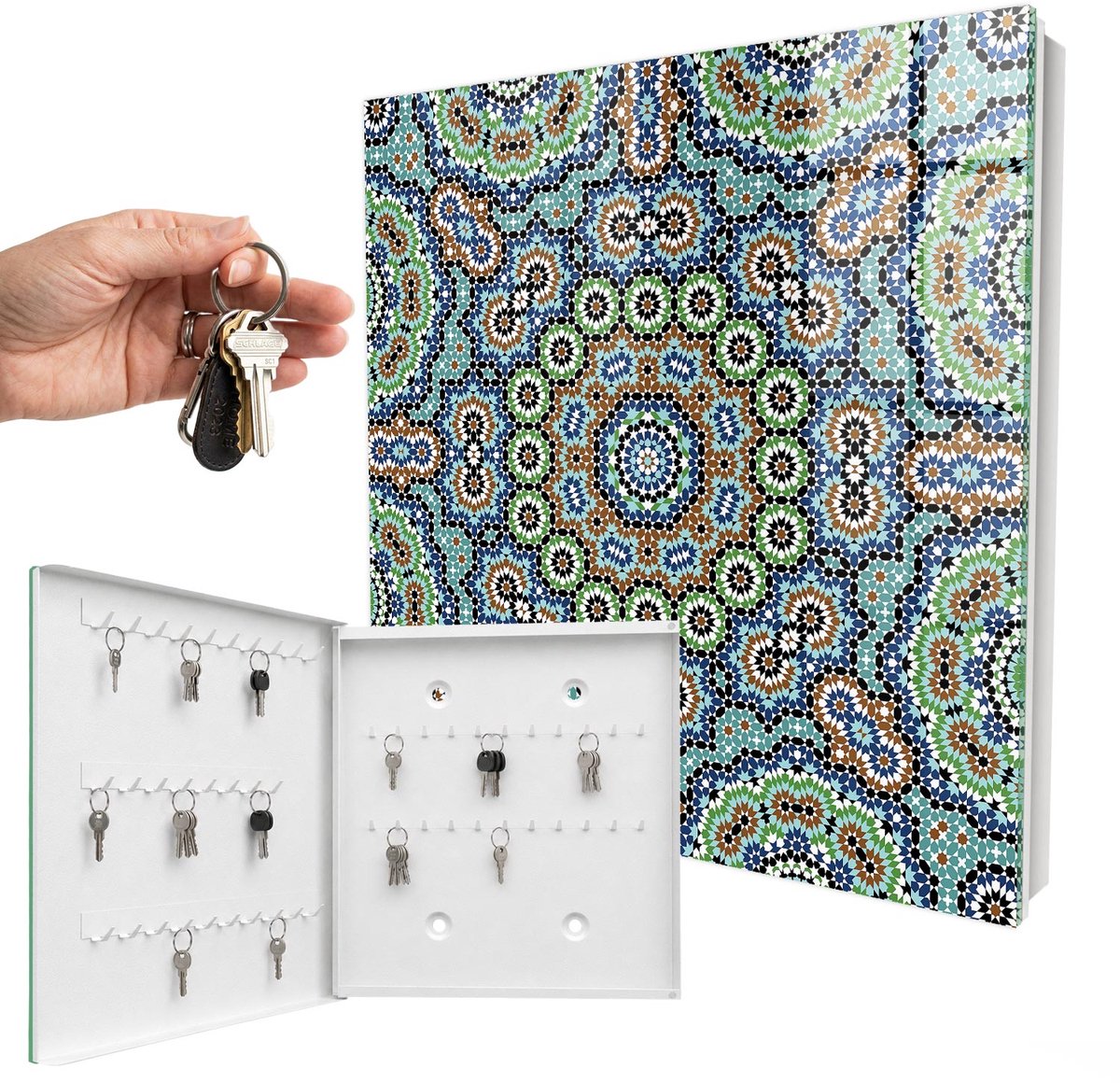 WallMuralia - Sleutelkast - 30x30x5 cm - met 50 haken - Kleurrijk Mozaïek Sleutelkastje Design - Blauw Sleutelbox - Linksopenend - Wit interieur