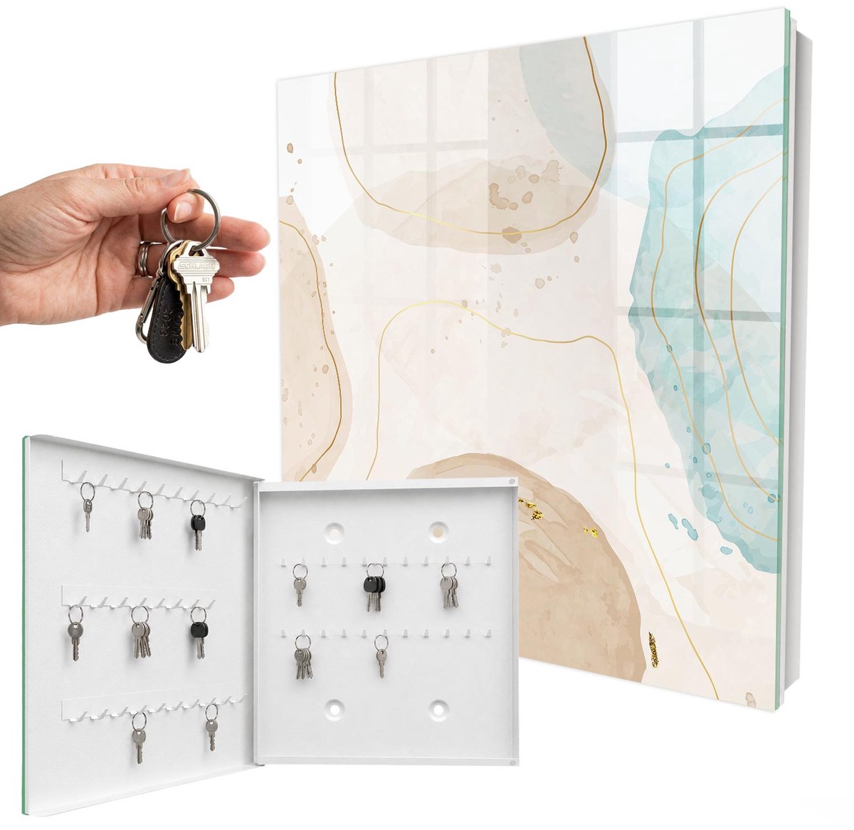 WallMuralia - Sleutelkast - 30x30x5 cm - met 50 haken - Subtiele Abstractie Sleutelkastje Industrieel - Beige Sleutelbox - Linksopenend - Wit interieur