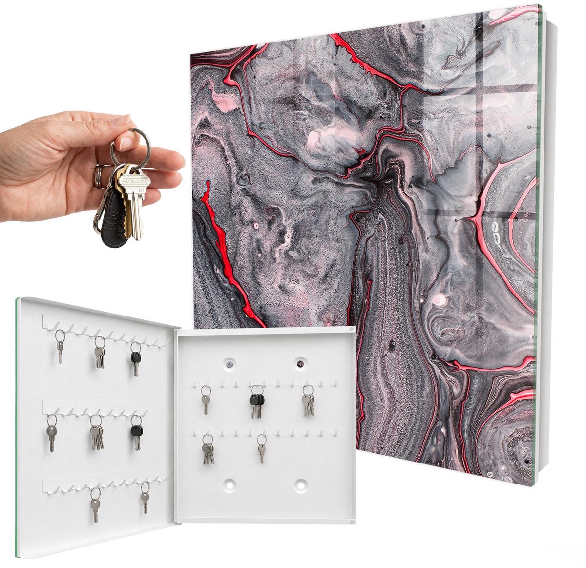 WallMuralia - Sleutelkast - 30x30x5 cm - met 50 haken - Expressieve Abstractie Leuk Sleutelkastje - Grijs Sleutelbox - Linksopenend - Wit interieur