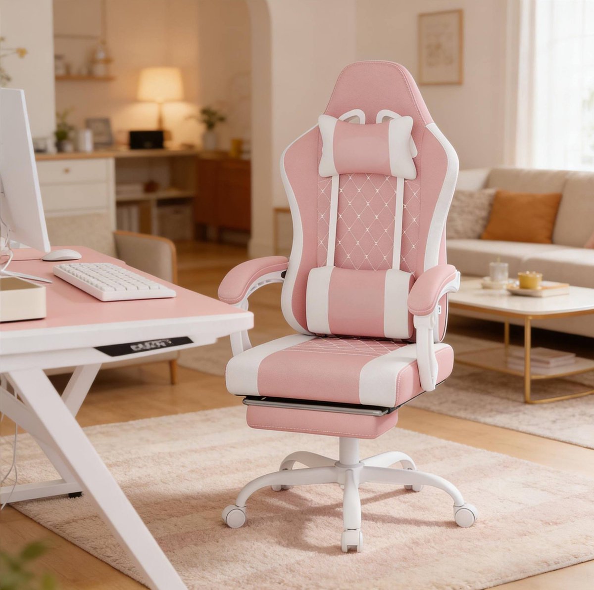 REDOM - Bureaustoel - Ergonomische gamingstoel met massage-lendenkussen - 360 graden draaibaar - Verstelbare hoogte - Mesh en metaal - Roze en wit - 70 x 70 x 127 cm