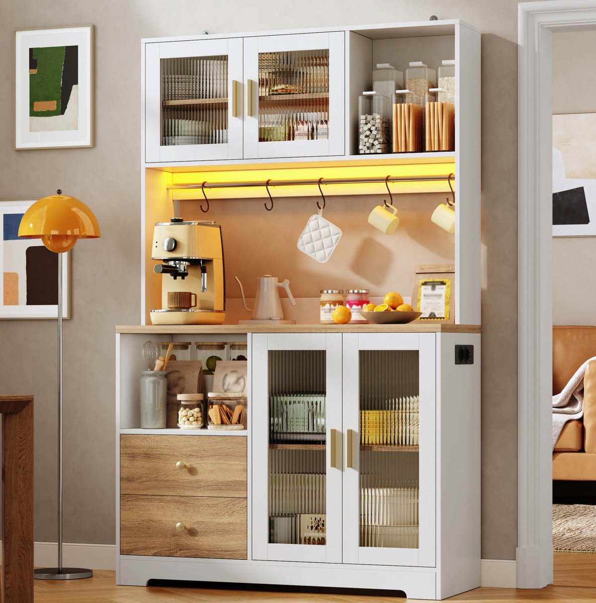 MIVRAY Keukenkast Met LED En Stopcontacten Voor Keuken En Eetkamer MDF Wit En Natuurlijk Houtlook 110 X 40 X 178 Cm