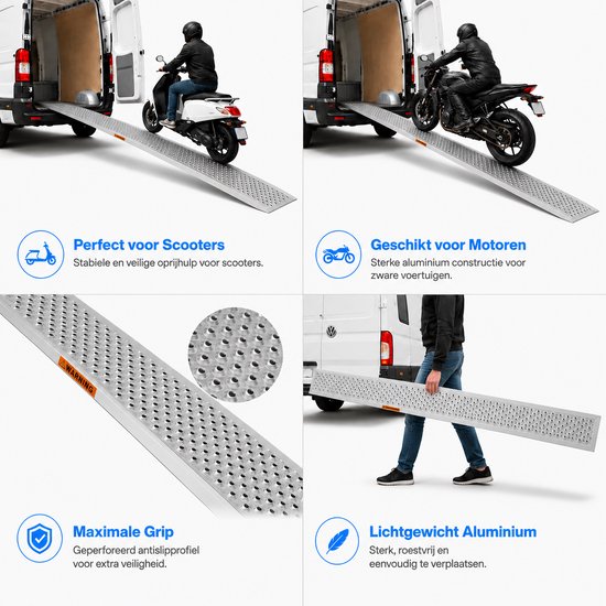 Aluminium oprijplaat met geperforeerd anti-slip profiel, geschikt voor scooters en motoren.