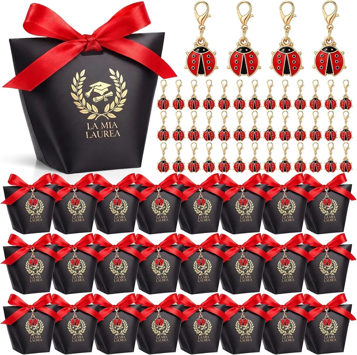 50 Sets Cadeauverpakkingen voor Afstuderen met Lieveheersbeestje Sleutelhanger en Rood Lint - Perfect voor Feestjes en DIY Decoratie
