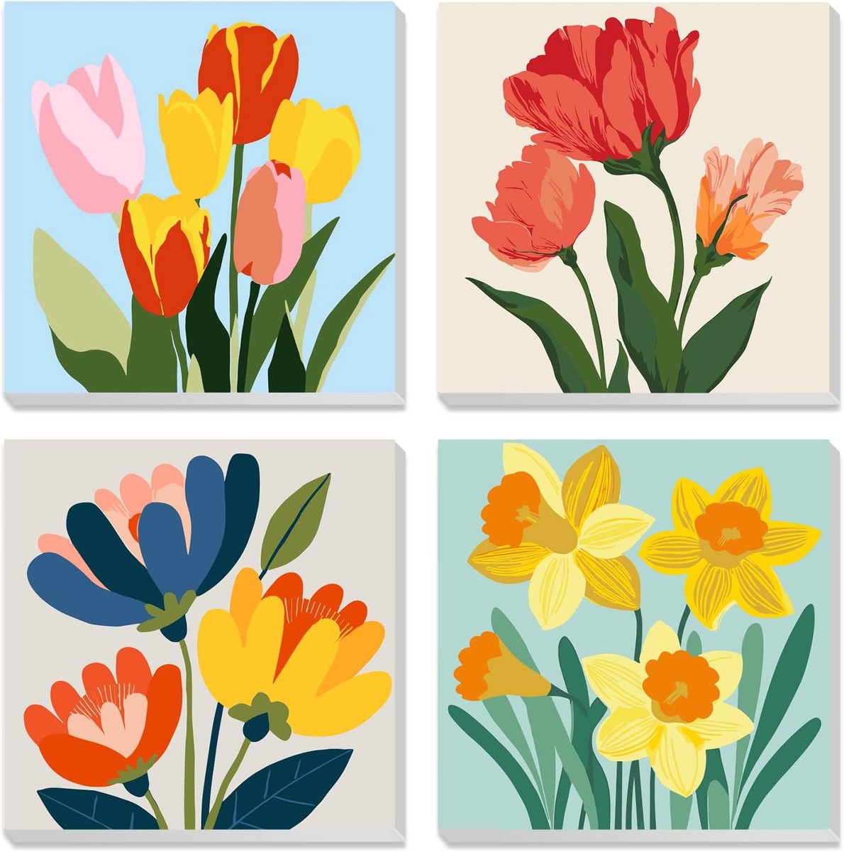 SnelShoppen - Kleurrijk Bloemen Set met 4 Gekaderde Doeken voor Schilderen op Nummer voor Kinderen en Volwassenen, Acrylverf Creatieve Kits, DIY Wandd