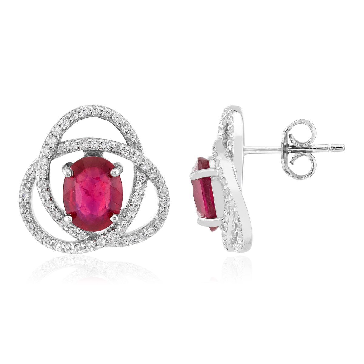 Cavill - Ovaalgeslepen Robijnen Oorbellen 3,66 ct - 925 Sterling Zilver met Platina - Elegante Zirkonia 0,62 ct - Dames Sieraden