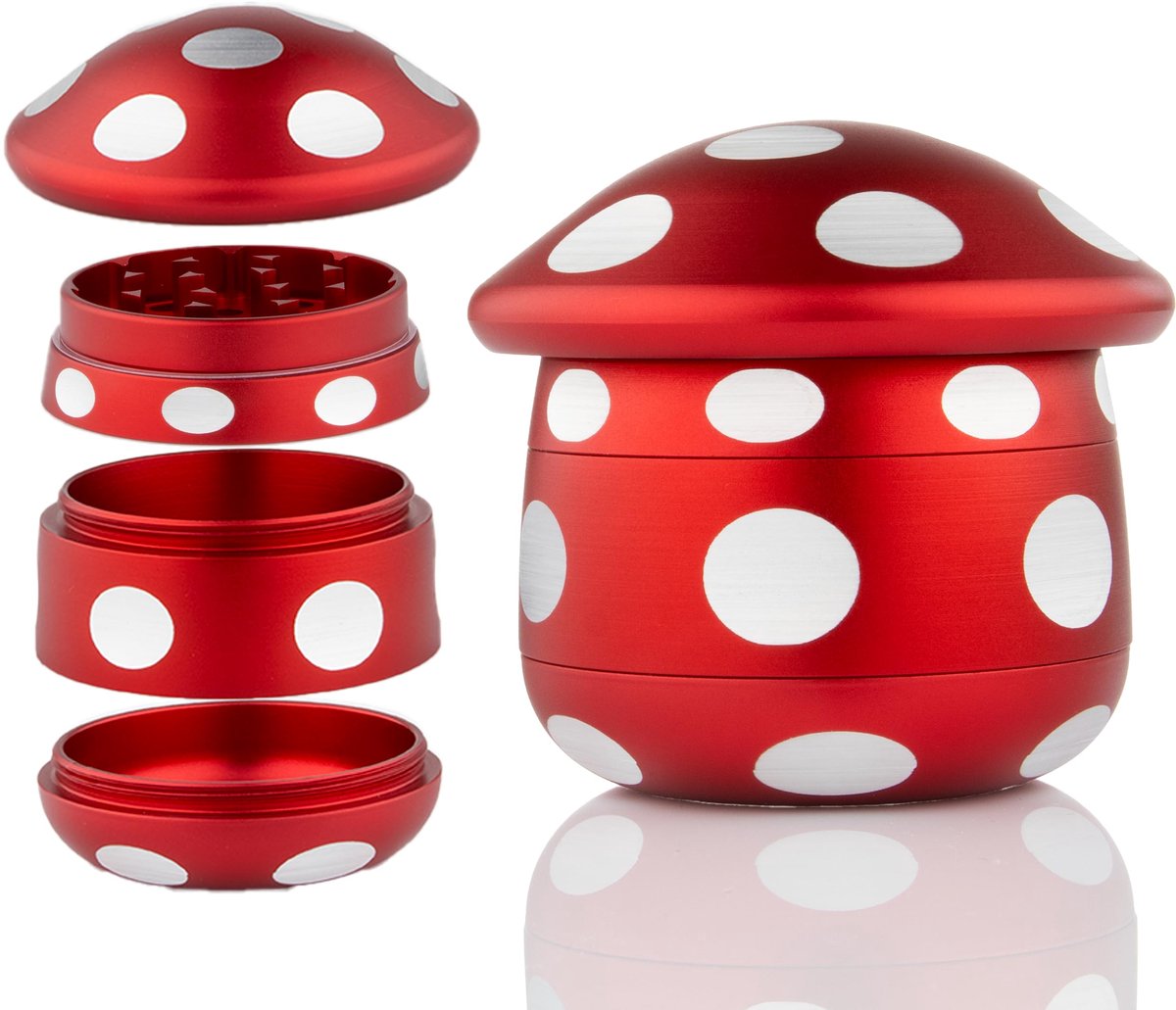 Namajunas - Grinder metaal - Kruidenmolen 50 mm - Crusher - Kruiden vermaler - Magnetische Deksel - 4 Lagen - Met pollenschraper en reinigingsborstel - Crusher acessoire - Rood Paddestoel Ontwerp - Cadeau Idee