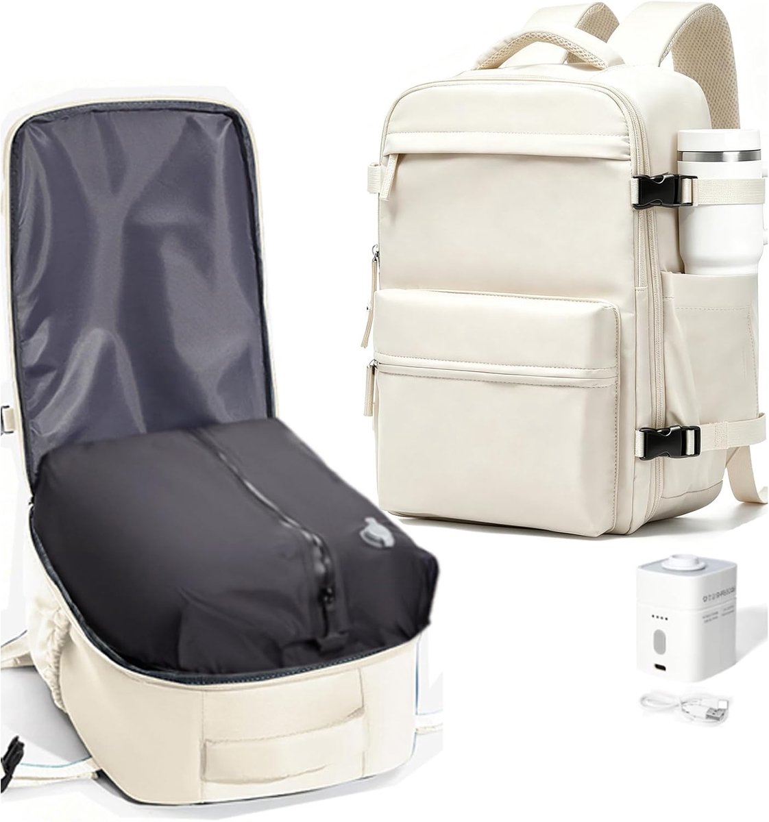 SnelShoppen - Vacuum Rugzak Vrouwen Rugzak Ryanair 40x30x20 Vacuüm met Pomp Waterdichte Handbagage Reisrugzak Dames en Heren Gebroken Wit