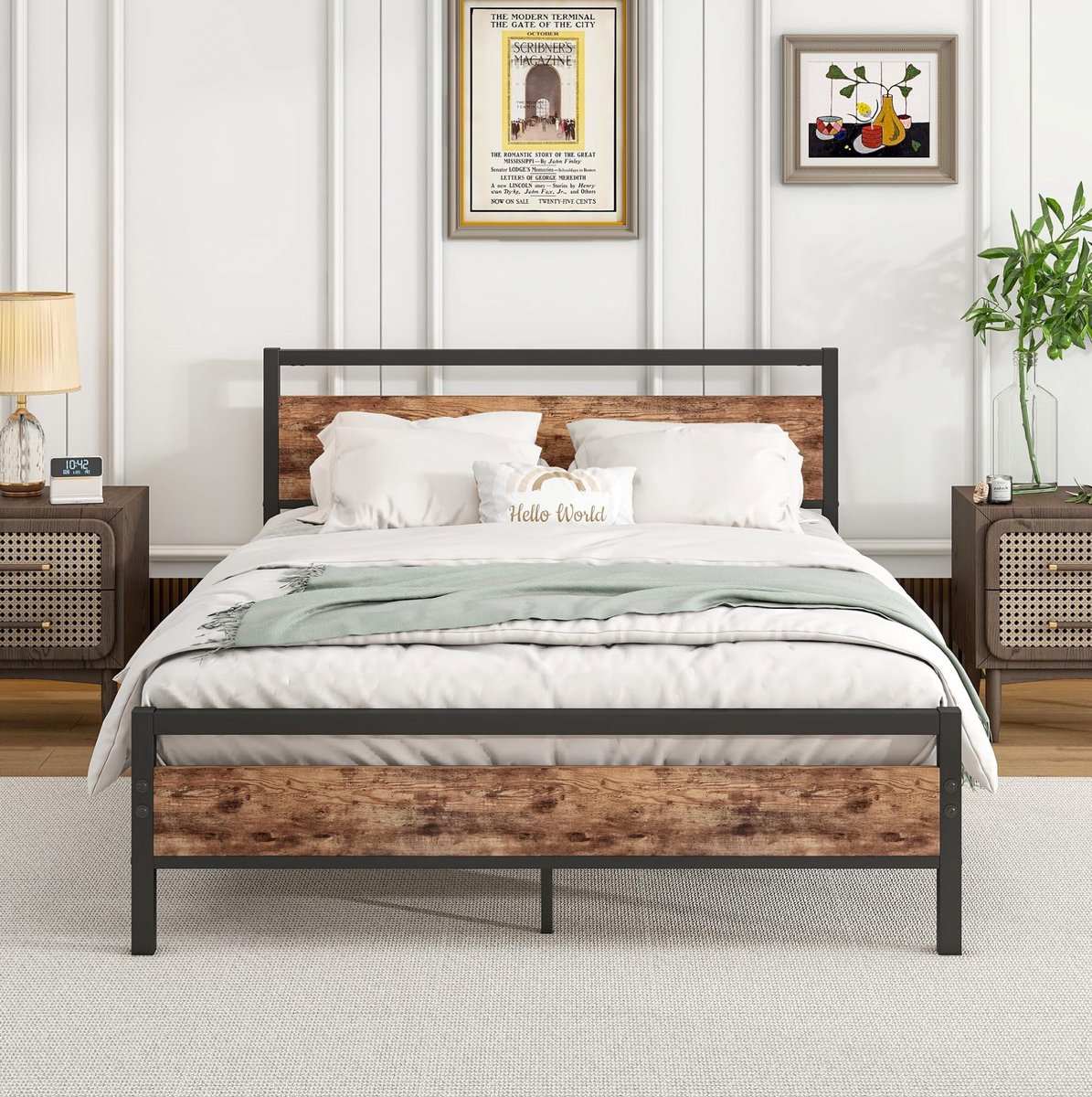 FloraGrace Bed 140x200cm - Bedframe van Metaal en Hout - Met Lattenbodem en Opbergruimte - Tweepersoons - Zonder Matras - Zwart