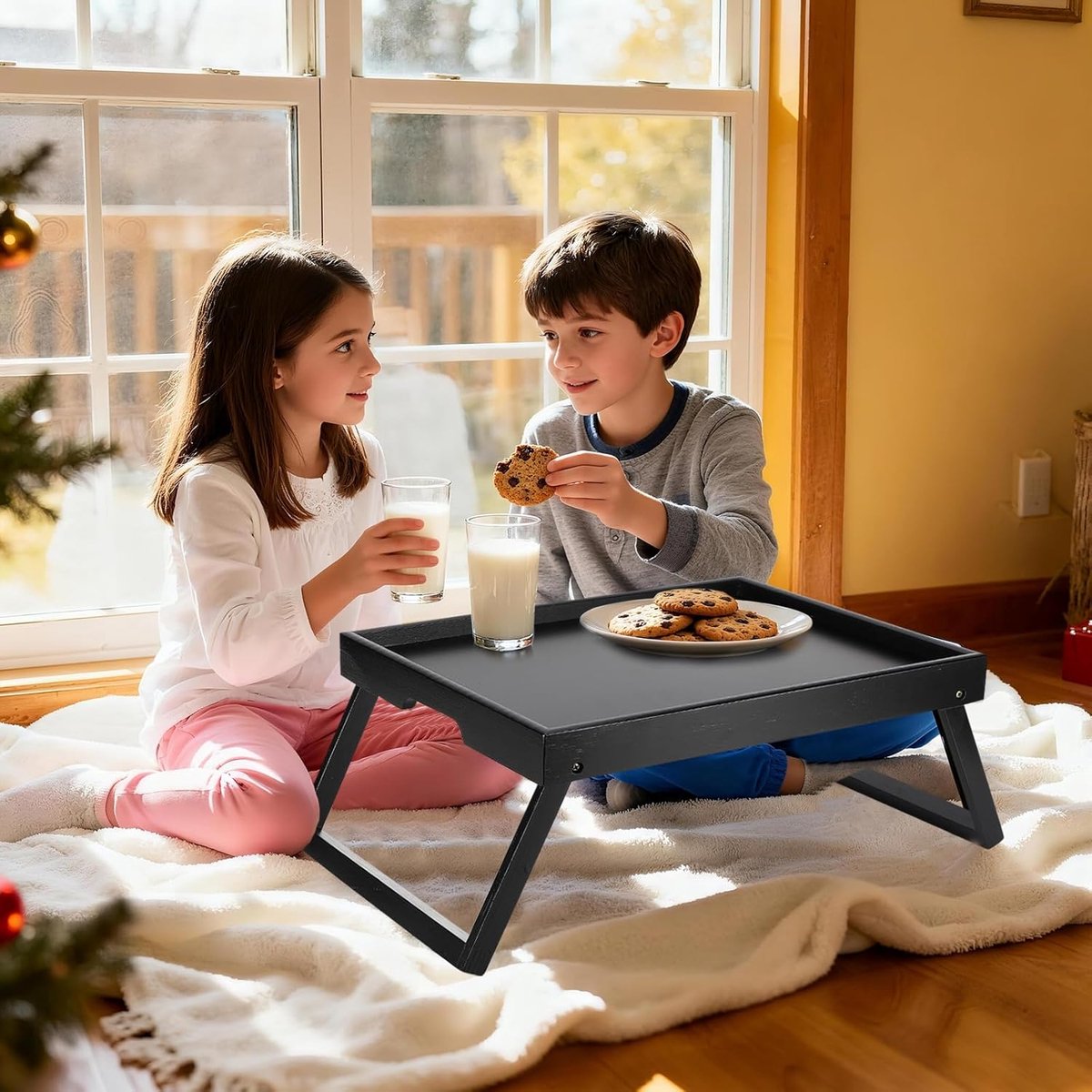 SnelShoppen - Houten ontbijt dienblad met opvouwbare poten, groot decoratief tray voor servies, dranken, ontbijt, feest, receptie, multifunctioneel, k — cadeau in Koken & Dineren - foto 6