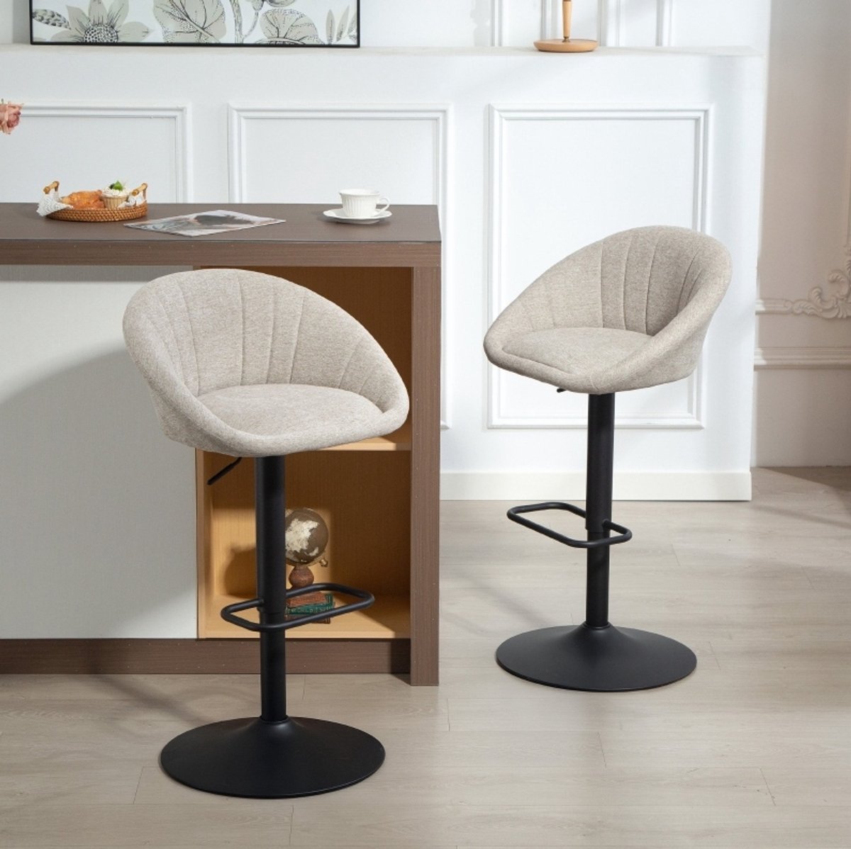 COVREO Barkruk 53,5x46x83-103 cm beige, stof draaibaar set van 2