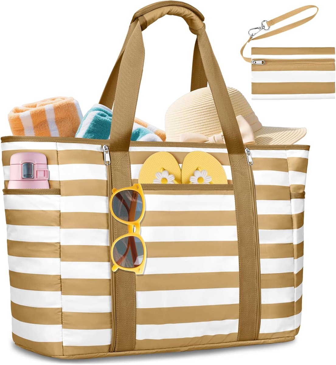 SnelShoppen - XXL Strandtas Waterdicht 45L - Opvouwbare Strandtas met 12 Praktische Zakken - Lichtgewicht Bruin - Ideaal voor Strand, Zwembad, Reizen