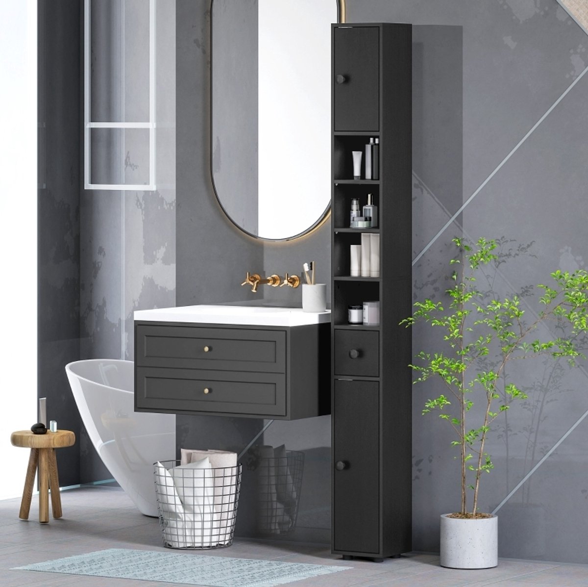 COVREO Badkamerkast 180x20x20 cm zwart, van hout met 2 kasten en lade
