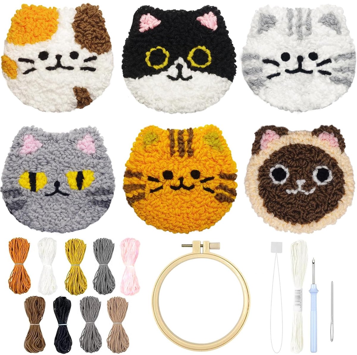 Ryoudavell - Katten Punch Needle - Kat Tenthema – Punch Needle - Onderzetters DIY Kit / Onderzetters Borduurpakket - Inclusief borduurring, Garen, Punch Naald - DIY maakaccessoires – Knutsel – DIY - Cadeau-idee voor creatieve hobbyisten