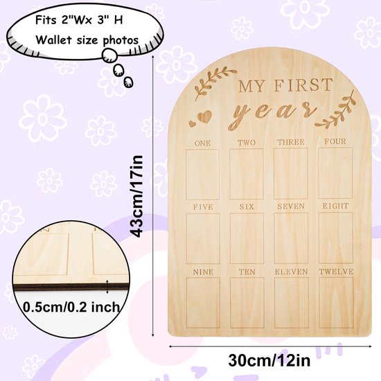 Babyfotolijst: "Mijn eerste jaar" - Gepersonaliseerd houten fotodisplay - Lijst voor 12 babyfoto's (maand-voor-maand) - Decoratie voor de babykamer / Kraamcadeau (voor jongens en meisjes) — afbeelding 3