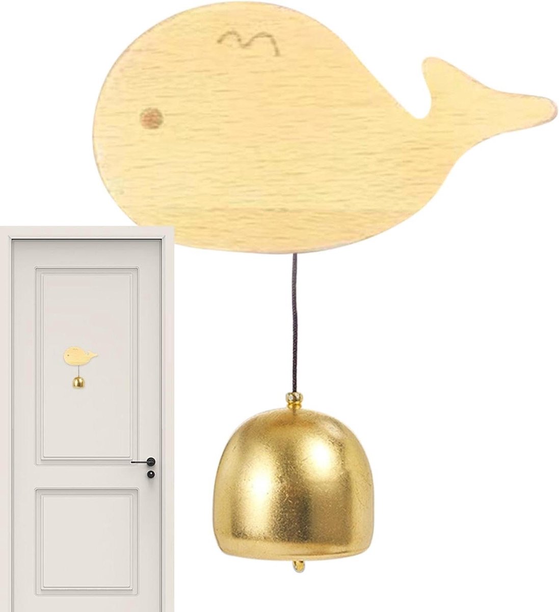 Deurbel Zuignap - Bel Kattenluik - Gasten Verwachten - Walvis Vorm - 108 x 83 cm - Houtkleur Goud