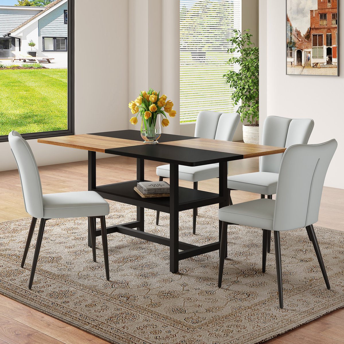 DESMIU Set Tafel En Stoelen 160 Cm - Rechthoekige Eettafel Met Opbergruimte En 4 Stoelen - Voor Eetkamer Keuken En Woonkamer - Metaal MDF En PU - Lichtgrijs