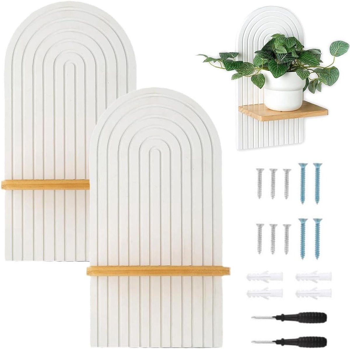 Houten wandplank in boho-stijl: witte plank voor planten, foto's en kaarsen - ideale wanddecoratie voor woonkamer, slaapkamer en gang