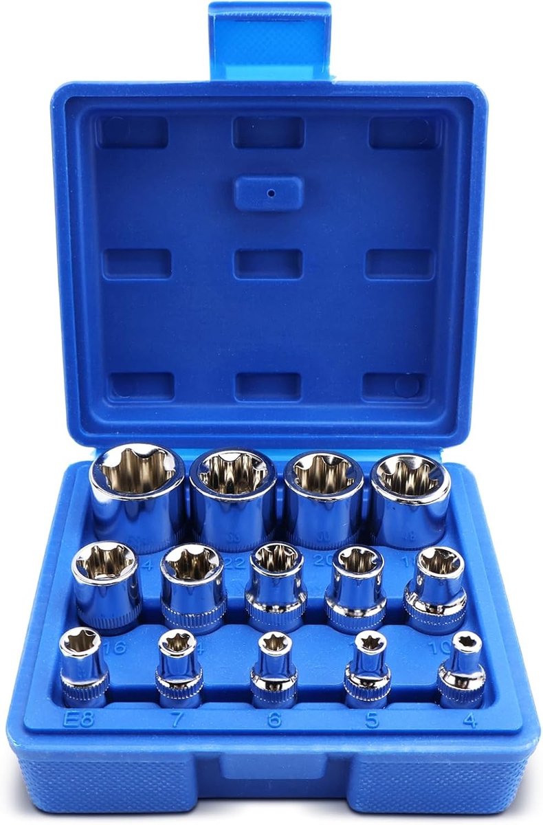 Complete 14-delige E Torx Sleutelset met Opbergdoos, Geschikt voor Impactsleutels en Diverse Maten E4-E24