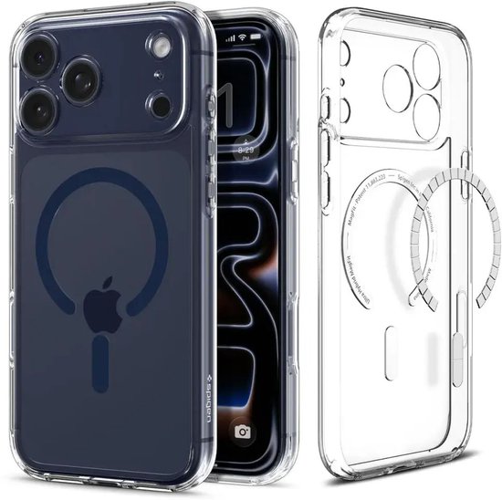 Transparante Spigen hoes voor iPhone met donkerblauwe achterkant, MagSafe cirkel en Apple logo.