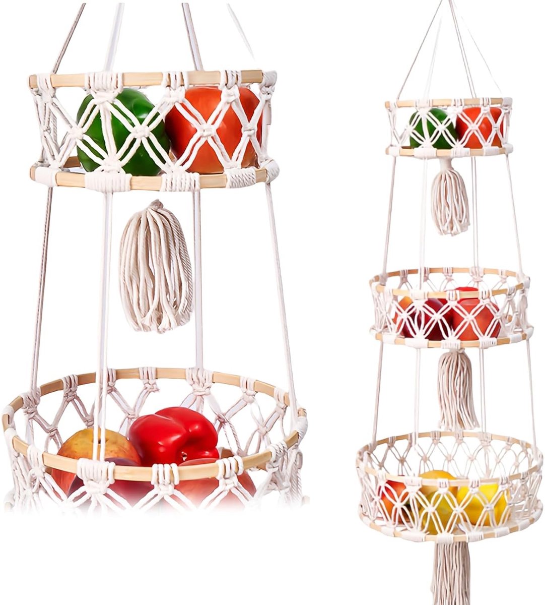 Hanging Basket van Woven Katoen: Drie Laags Macrame Opbergmand voor Groenten en Fruit, Wanddecoratie voor Slaapkamer en Keuken