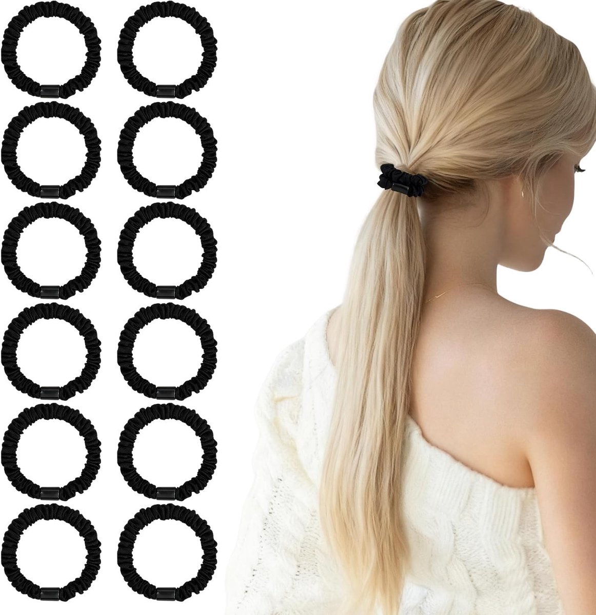 Zachte Satijnen Scrunchies Set van 12, Elastische Haarbanden voor Vrouwen, Ponytail Holders zonder Haarbeschadiging - Zwart