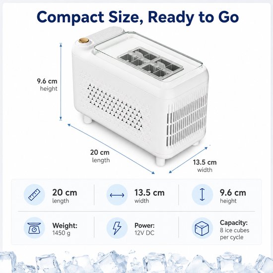 Draagbare ijsblokjesmachine 12V - Compacte ijsmaker voor onderweg - Voor kamperen, camper, kantoor en outdoor - Snel ijsblokjes in 13-22 min - ABS behuizing-Wit — afbeelding 3