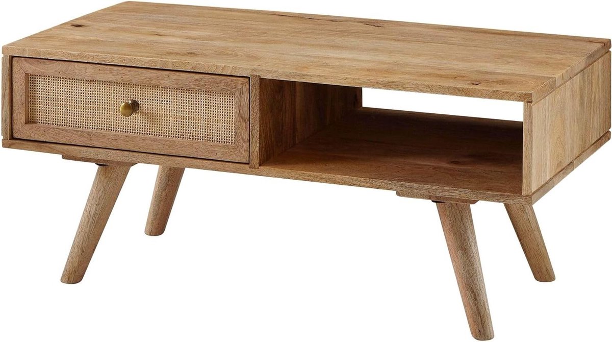 Salontafel Mango Hout - Houten Tafel Woonkamer - Woonkamer Inrichten - Met Riet Vlechtwerk Lade - 90x40x45 cm - Bruin