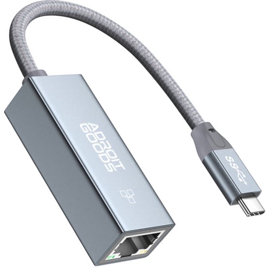 Grijze ethernetadapter met USB-C aansluiting en RJ45 poort.