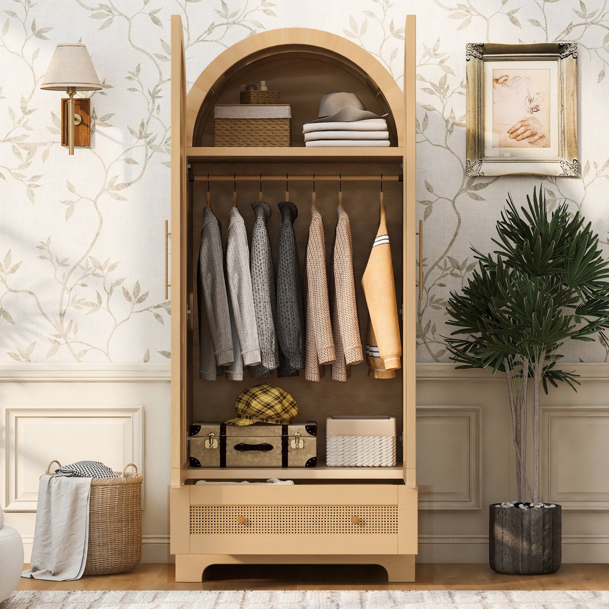 OKWISH Kledingkast - Dubbele Deuren Met 2 Lades En Legvak - 70 x 55 x 170 cm - Opbergruimte Voor Slaapkamer Of Kleedkamer - Houtkleur