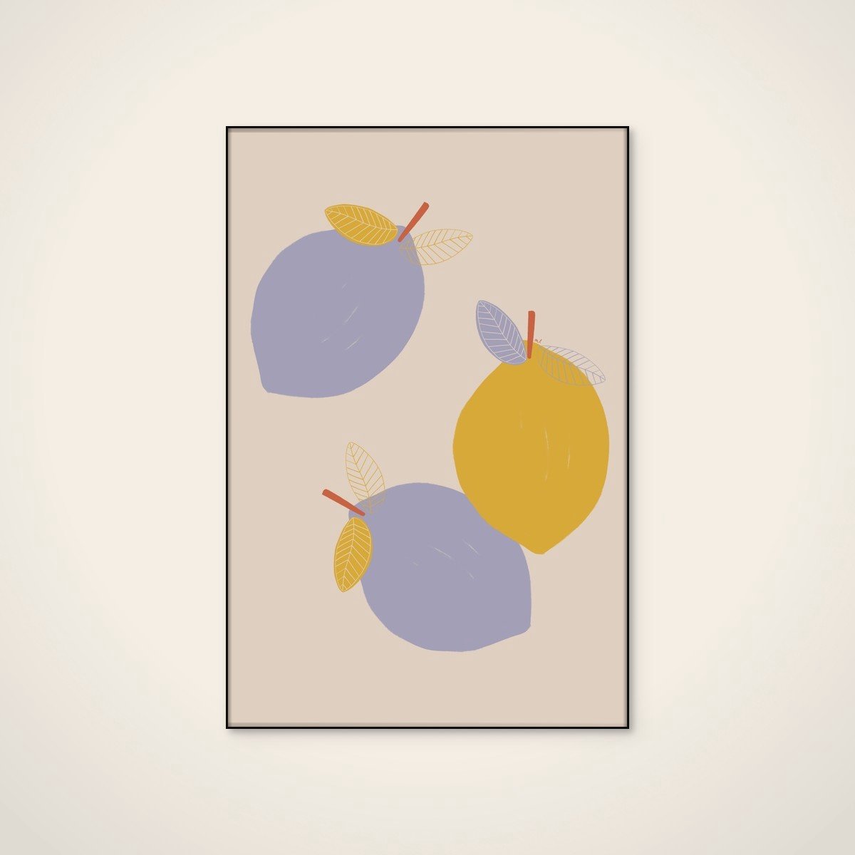 Akoestisch schilderij - 60 x 90 cm - Lavender and Yellow Lemons van Menina Lisboa - Abstracte wanddecoratie - zwart textielframe