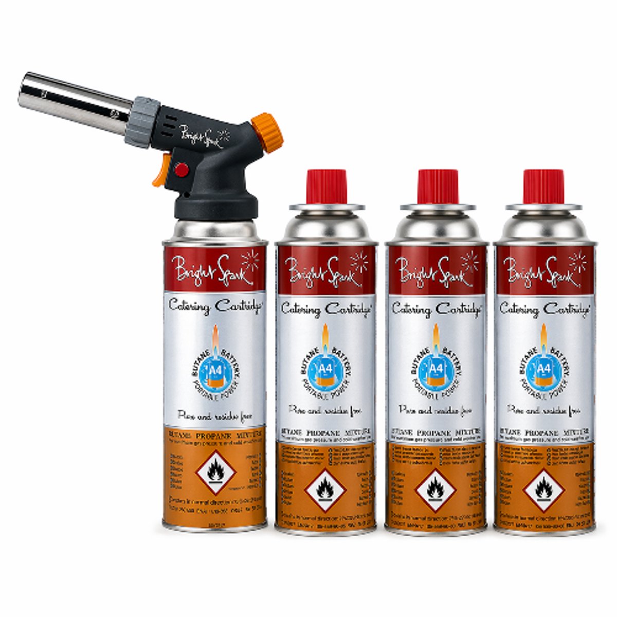 Bright Spark Koksbrander + 4 Butaan Gasflesjes - Flametastic Pro / Crème-Brûlée Brander - Set van 4 Gasbussen