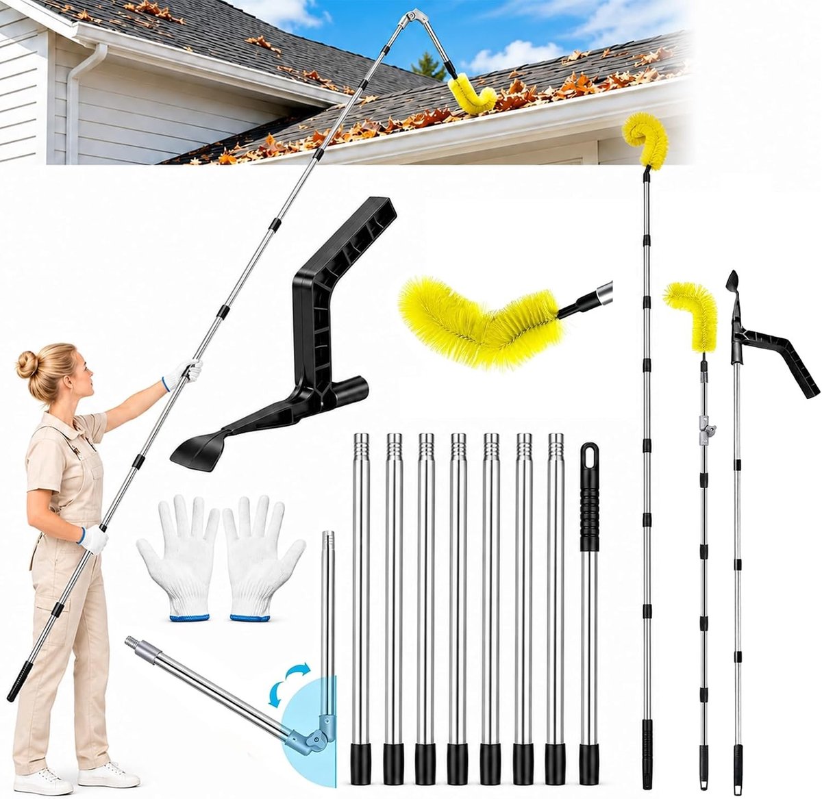 Telescopische gootreiniger met borstel en handschoenen, ideaal voor dakgootreiniging en bladverwijdering, uitschuifbare stang met instelbare hoek voor optimale bereikbaarheid